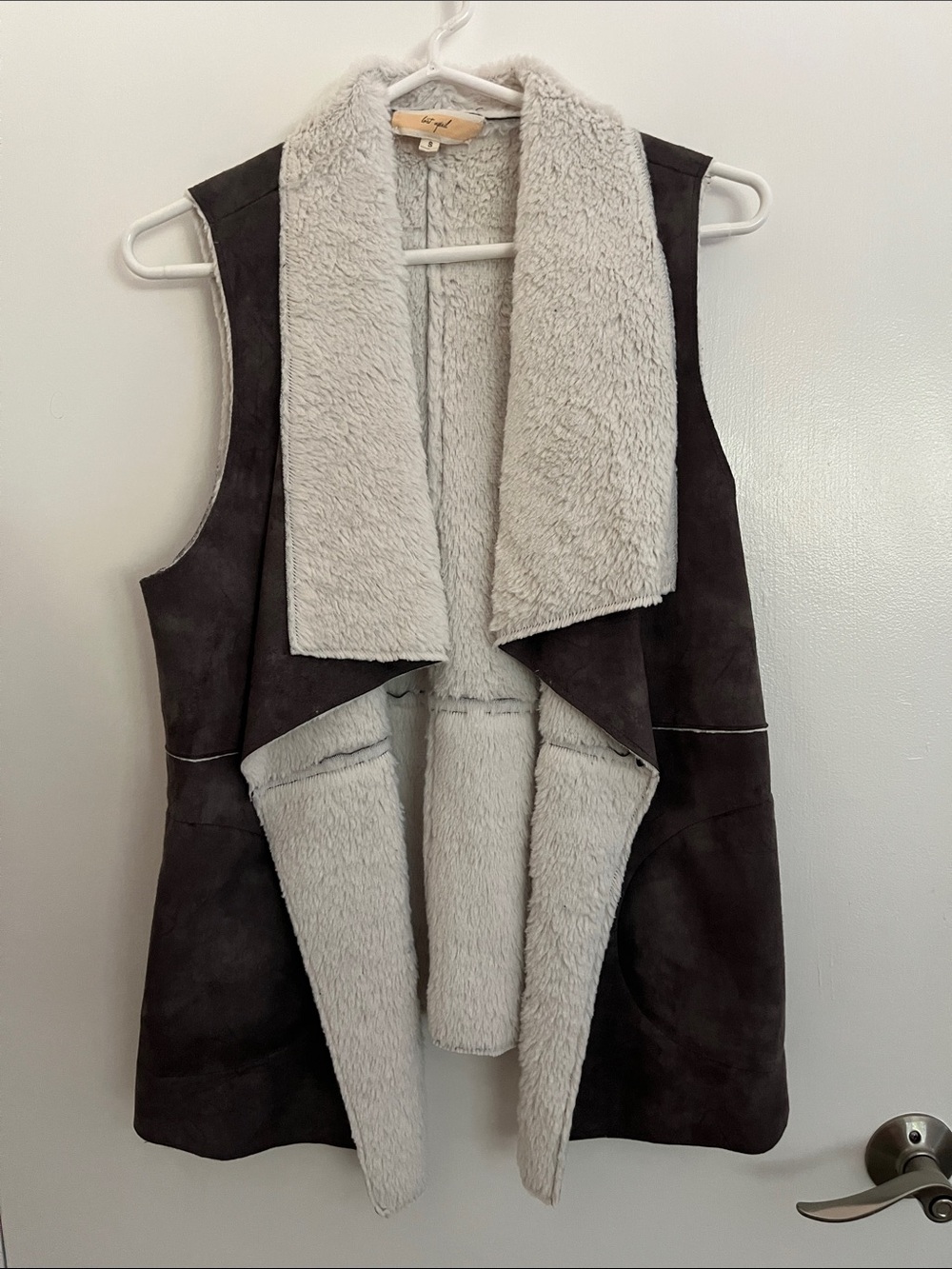 Faux Shearling Draped Vest - Charcoal with Cream Lining